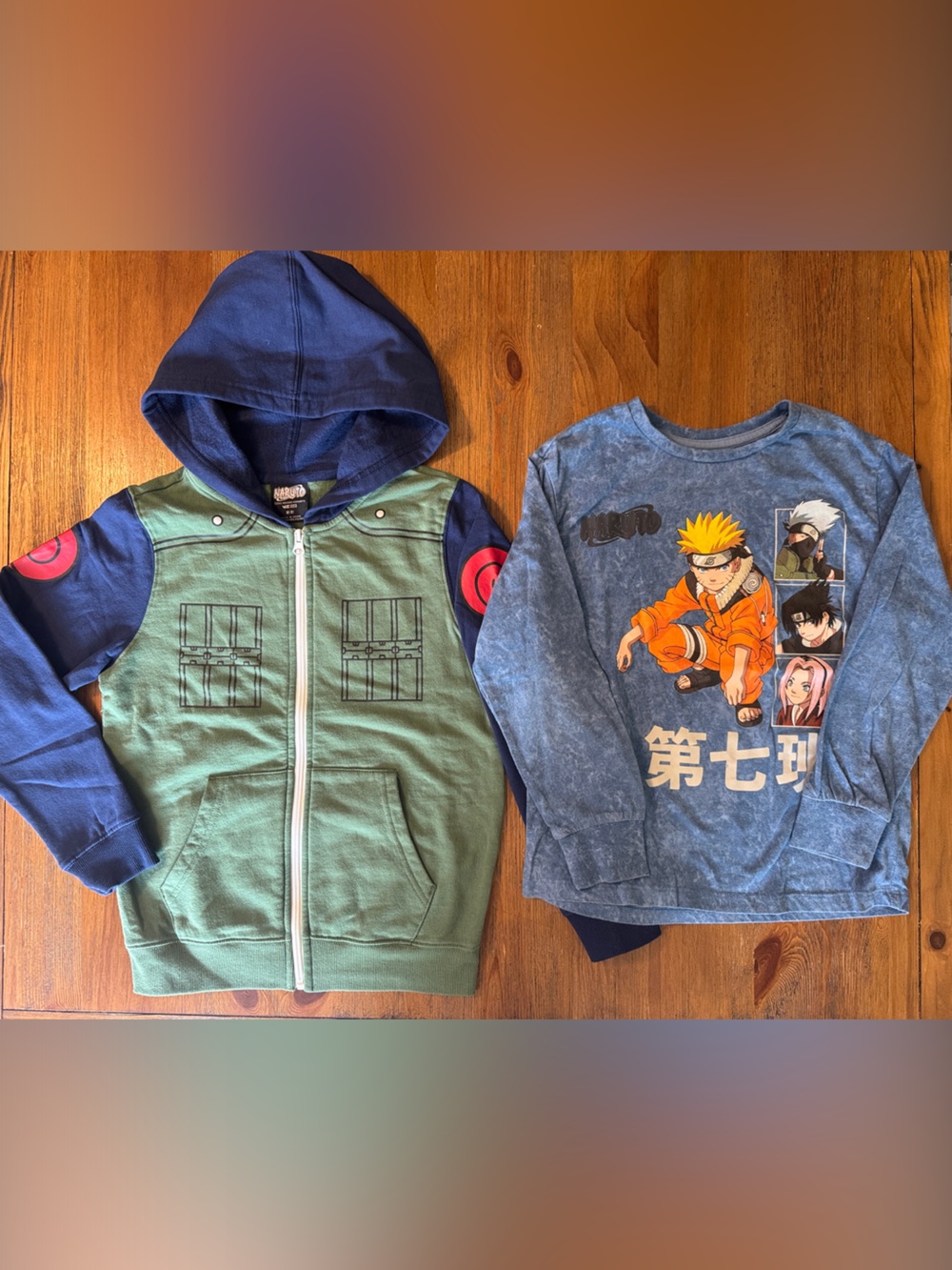 Naruto Boys Blue Graphic Long Sleeve and Green Zip Hoodie Sz 8 M